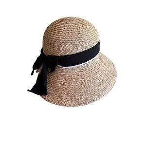 Wide-Brim Straw Sun Hat With Black Ribbon Bow For Women UV Protection By Comhats